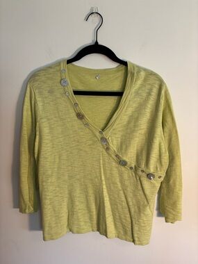 Haiku Lime Green Button-Accent V-Neck Cotton Knit Top